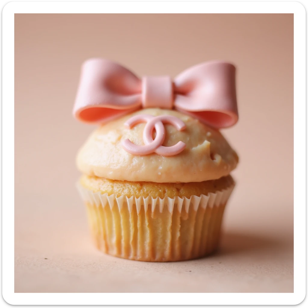photorealistic pastel peach Chanel cupcake with a pink bow and edible Chanel logo, no background sticker