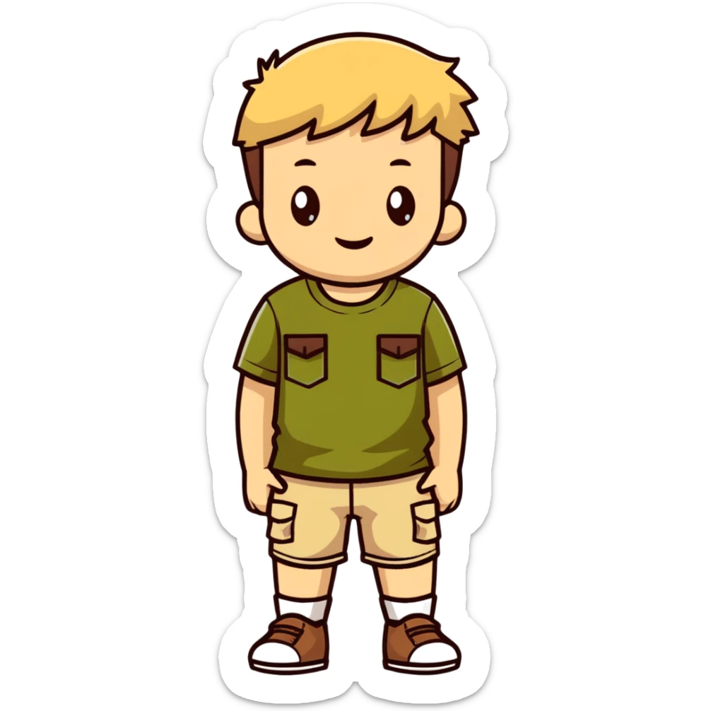boy wearing an olive-green shirt over a brown T-shirt with beige cargo shorts sticker