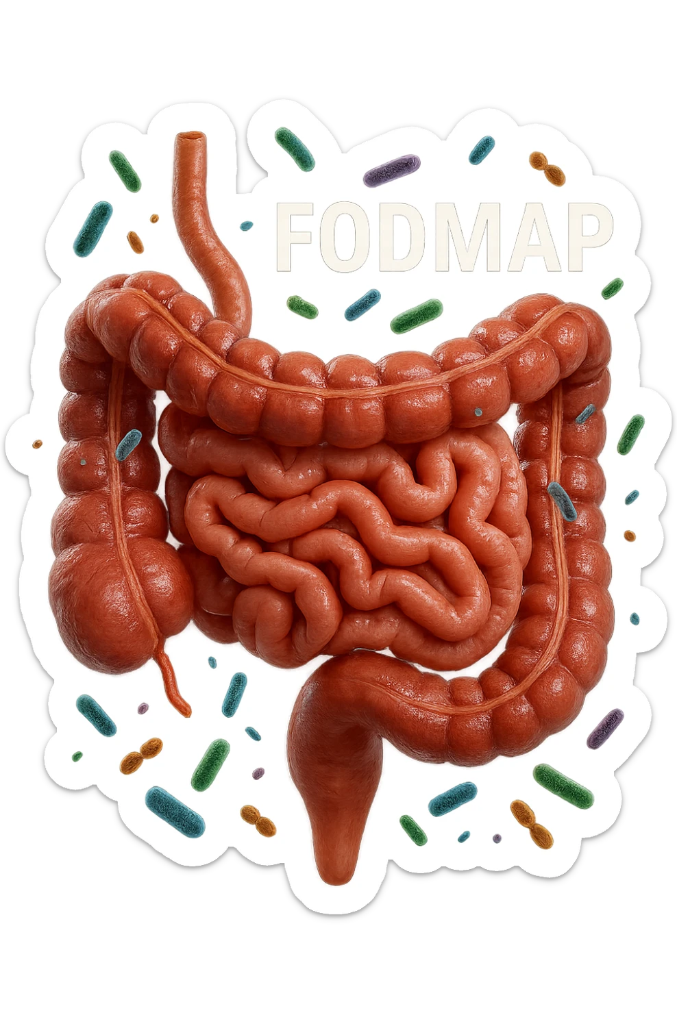 intestino umano anatomico con parole FODMAP CHE GLI FLUTTUANO INTORNO INSIEME A BATTERI INTESTINALI, iperrealistica 4k sticker