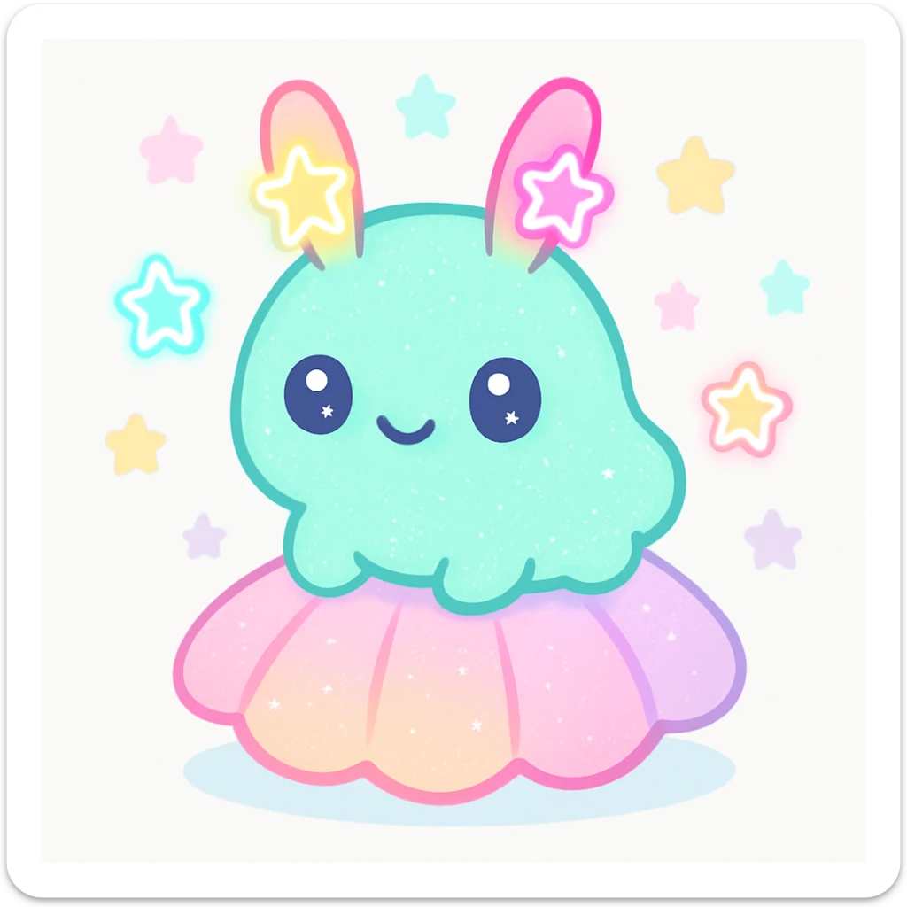 kawaii neon star glitter sea bunny, sitting on a glittery shell, surrounded by neon stars sticker