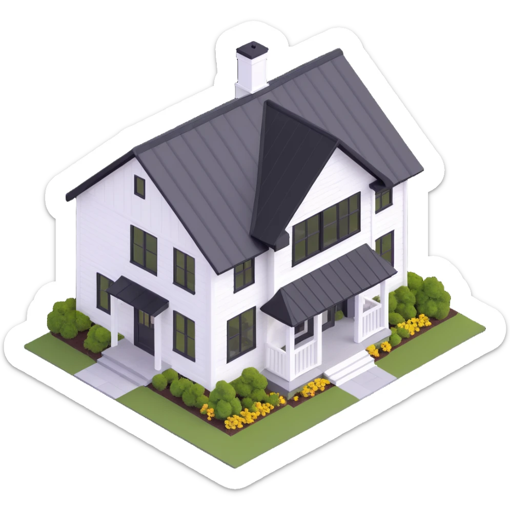 modern farmhouse with white siding, black roof and black trim, isometric exterior view sticker