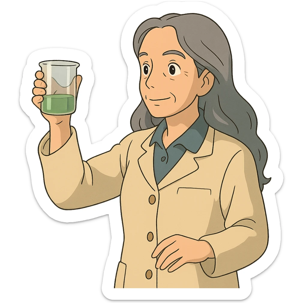 woman science teacher with long graying hair, holding a beaker, in ghibli style sticker