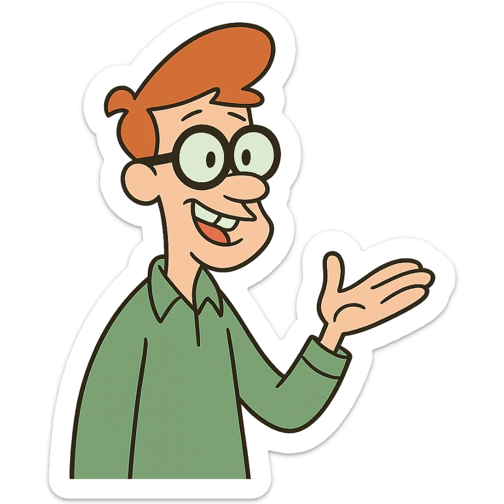 Carl Chryniszzswics from Johnny Bravo, nerdy friend with glasses, red hair, green shirt, cartoon style sticker