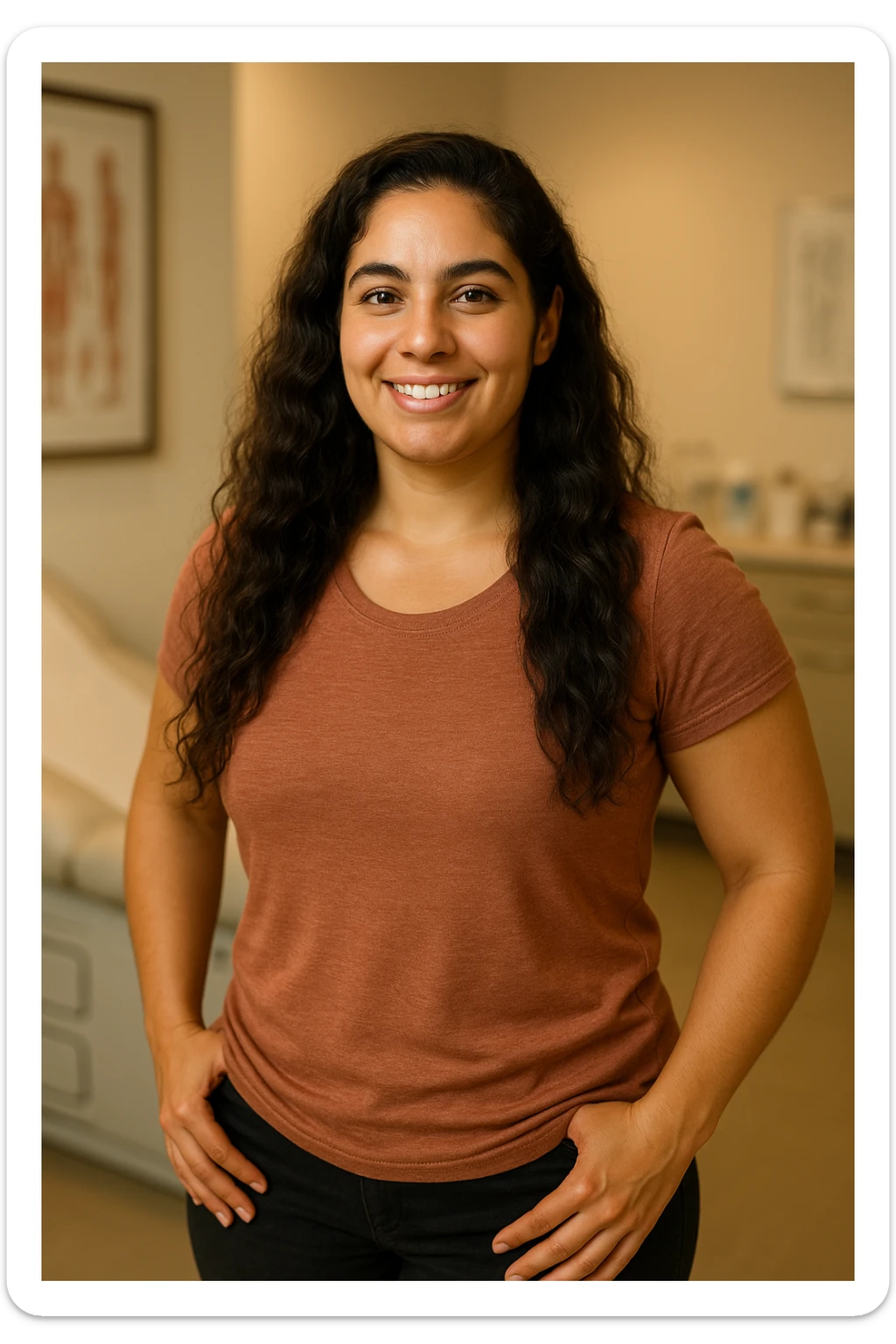 woman with PCOS, healthy and well-groomed appearance thanks to balanced diet, glowing skin, thick hair, energetic posture, clinical environment, realistic details, warm lighting, vertical 2:3 aspect ratio, no text sticker