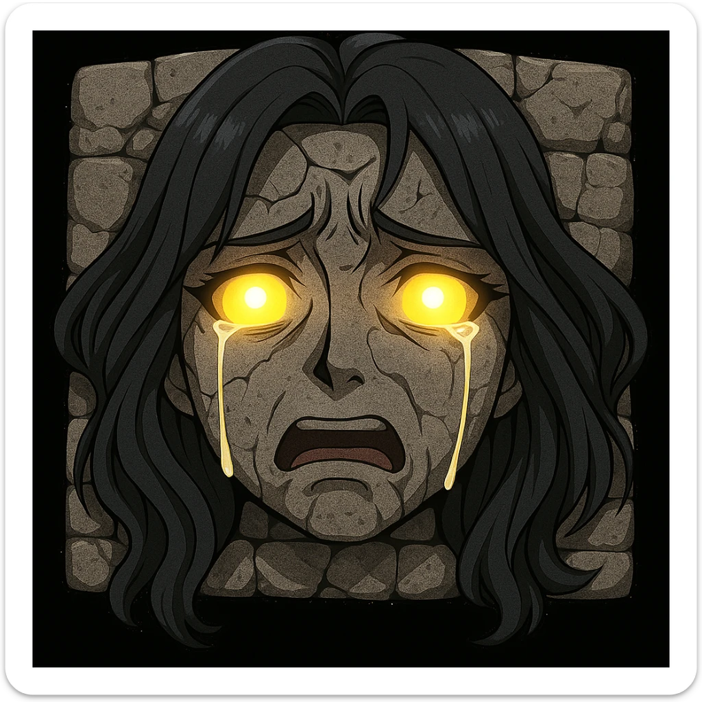 Add glowing eyes to Nigredo's face in the wall, keeping the anime-inspired style and expressive look. Maintain the anime style and expressive features while adding glowing eyes. sticker