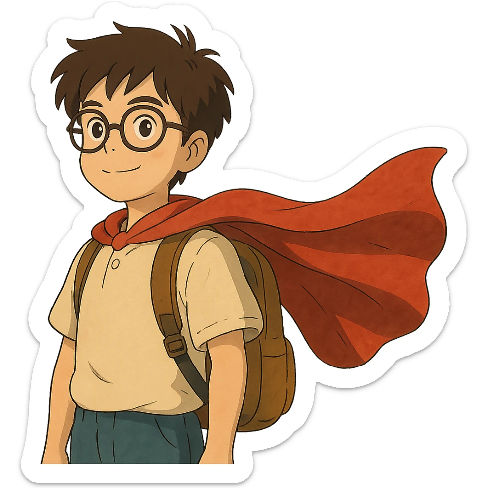 student with glasses and backpack, wearing a superhero cape sticker