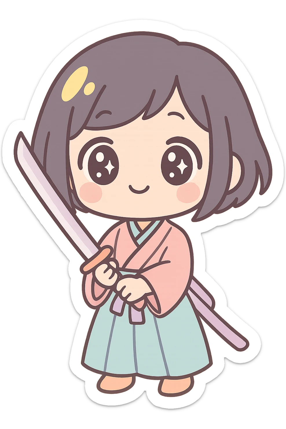 chibi style kawaii samurai girl with short hair and one streak of blonde in her hair, cute expression, holding a katana, pastel colors, soft shading sticker
