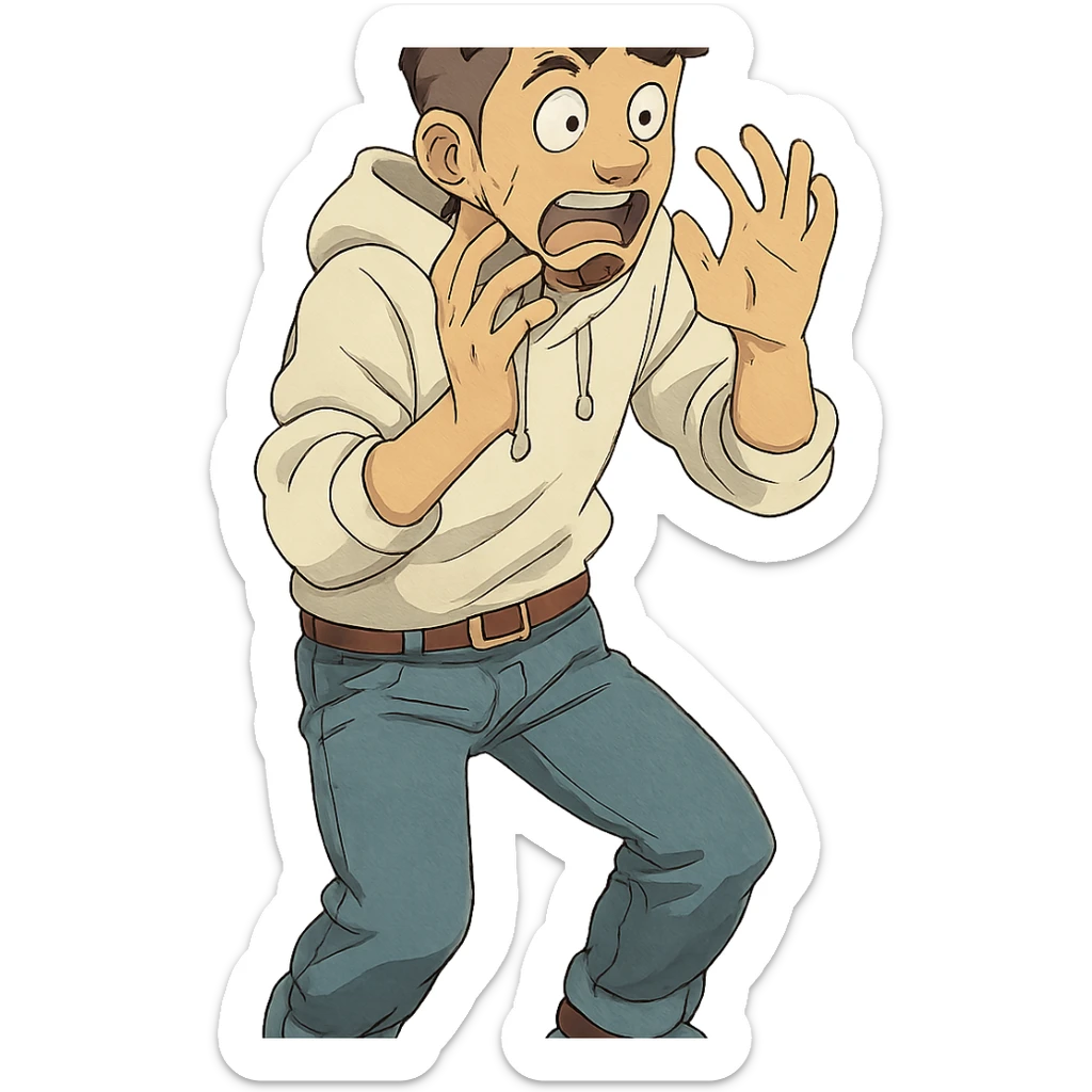 1 male, mid fade haircut dark chestnut brown curly hair, toasted lightskin, white hoodie sleeves up, fashion jeans, red fashion-sneakers shoes, red belt, short trimmed beard and goatee,  style of deku from "my hero academia", doing a "oh no / scared" pose sticker