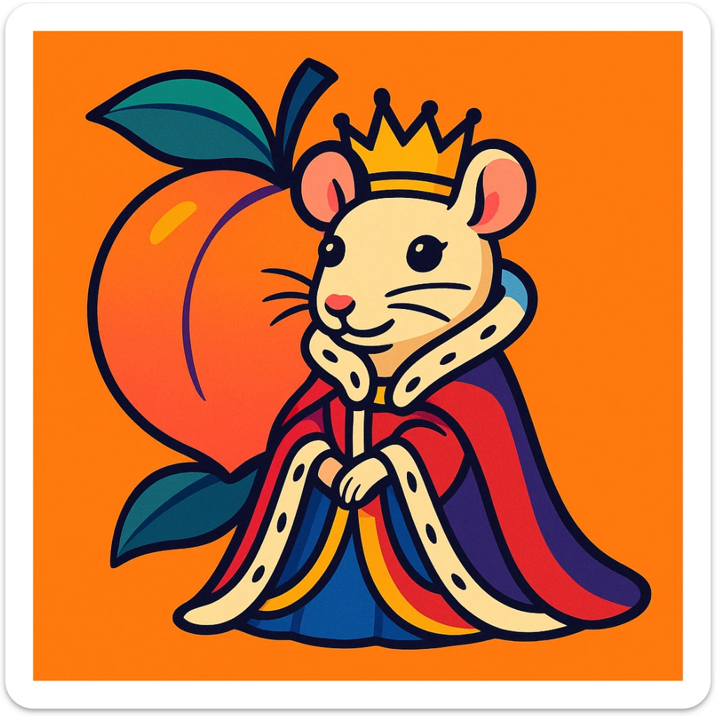 a peach with a rat queen's face, wearing royal attire, in a vibrant toon style sticker