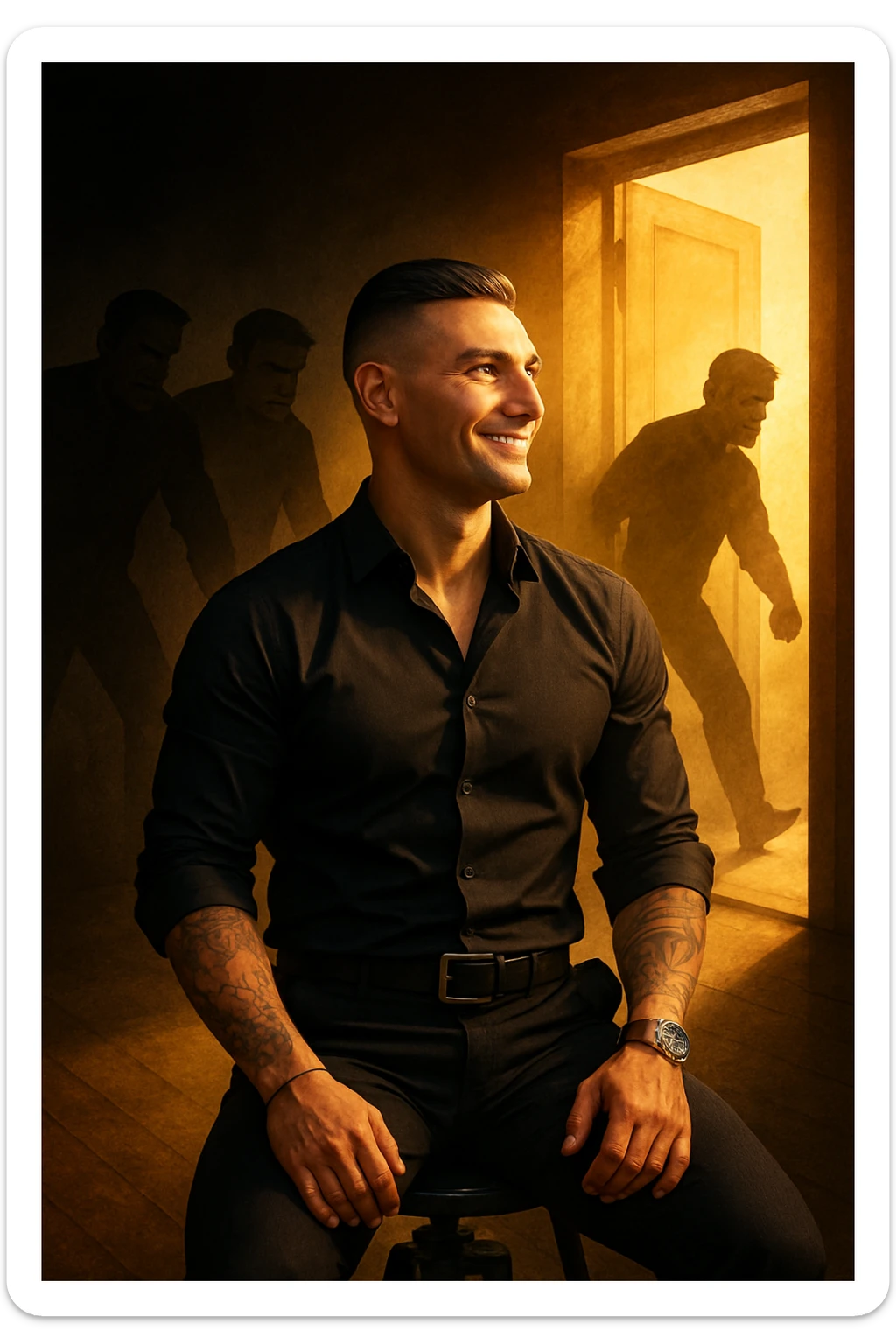 a man stands confidently in a sunlit room, facing away from a group of dark, shadowy figures with harsh or angry expressions who are walking out the door. The man’s posture is upright and relaxed, his face calm and relieved. Warm light fills the space, symbolizing his newfound peace and positivity. sticker