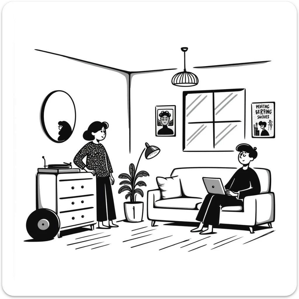 A mid-century modern living room with two people working on laptops — a woman standing at a dresser and a man sitting on a couch. The room has visible floor and two walls forming a corner, large window, modern pendant lamp, turntable, vinyl record stand, retro posters on the wall sticker