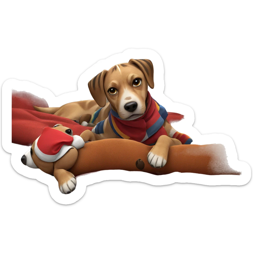 dog with striped scarf on couch sticker