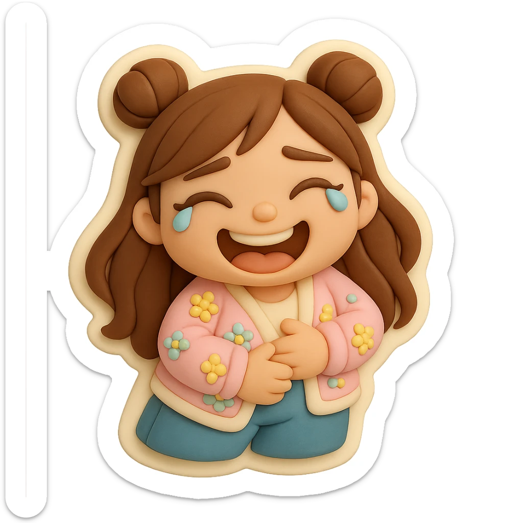 3D chibi fondant cake art style, high-quality rendering with smooth shadows and soft gradients. Girl based on reference image with preserved facial features and eye shape, long brown hair in two space buns, brown eyes, jeans, pastel floral cardigan, thick white outline like a sticker, transparent background. Laughing to tears, holding her belly. Ensure the face, hairstyle, and eye shape match the reference exactly. sticker
