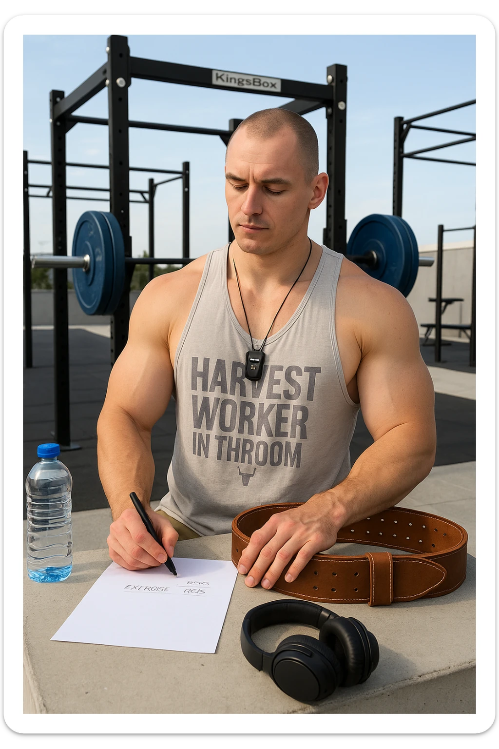 un uomo prepara con cura il suo set di pesi e la cintura per streetlifting, controllando una lista di esercizi e ripetizioni scritta su un foglio. Accanto a lui, una borraccia e delle cuffie. L’espressione è serena e sicura, a sottolineare l’importanza della programmazione per un allenamento efficace. Lo sfondo è un’area fitness urbana, pulita e ben attrezzata. sticker