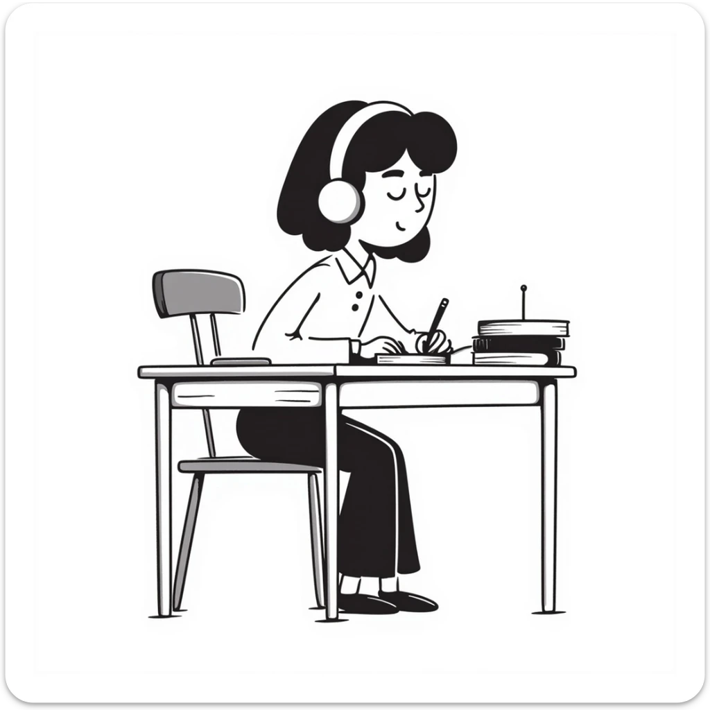 girl in a school uniform with headphones, sitting at a desk, sketchy hand-drawn style, minimal background sticker