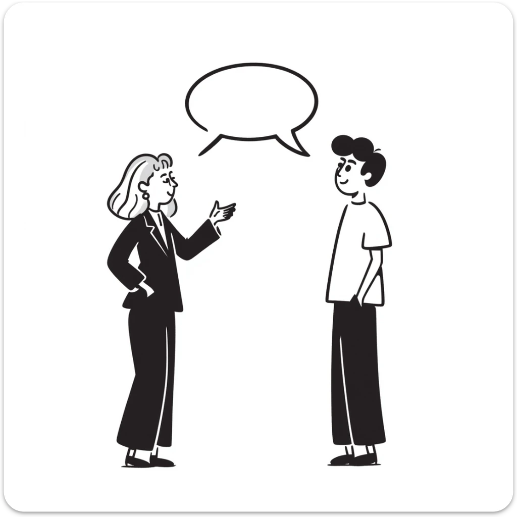 A blonde woman in a black suit talking to a brown-haired man in a white t-shirt. The woman has a speech bubble above her head. The woman is talking and the man is smiling. sticker