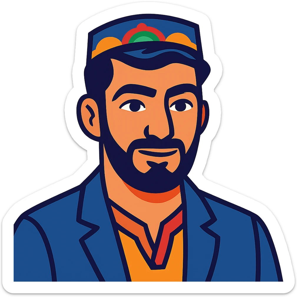 A Tajik man with masculine features, expressive eyes, thick eyebrows, dark hair, and light-olive skin, neatly kept facial hair sticker
