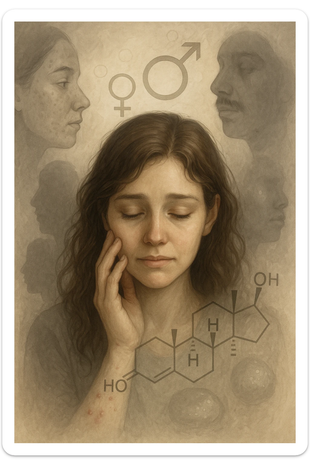 A young woman is surrounded by faint overlays of hormonal symbols and androgen molecules, with shadowy images of acne, facial hair, and oily skin projected around her, symbolizing the symptoms of PCOS with androgen excess. She looks down, gently touching her face with a resigned but hopeful expression, symbolizing her journey toward managing these symptoms. sticker