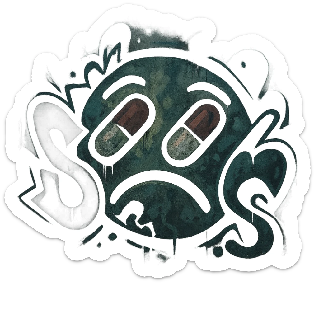 graffiti emoji, medicine theme, humid and foggy atmosphere, dark and moody colors, abstract shapes, street art style sticker