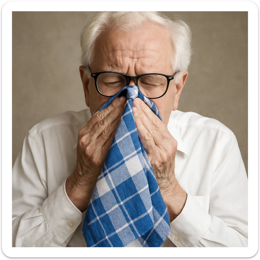 old man with white hair, white skin, black-framed glasses, wearing a white shirt, blowing his nose on a large thick blue and white checkered handkerchief sticker