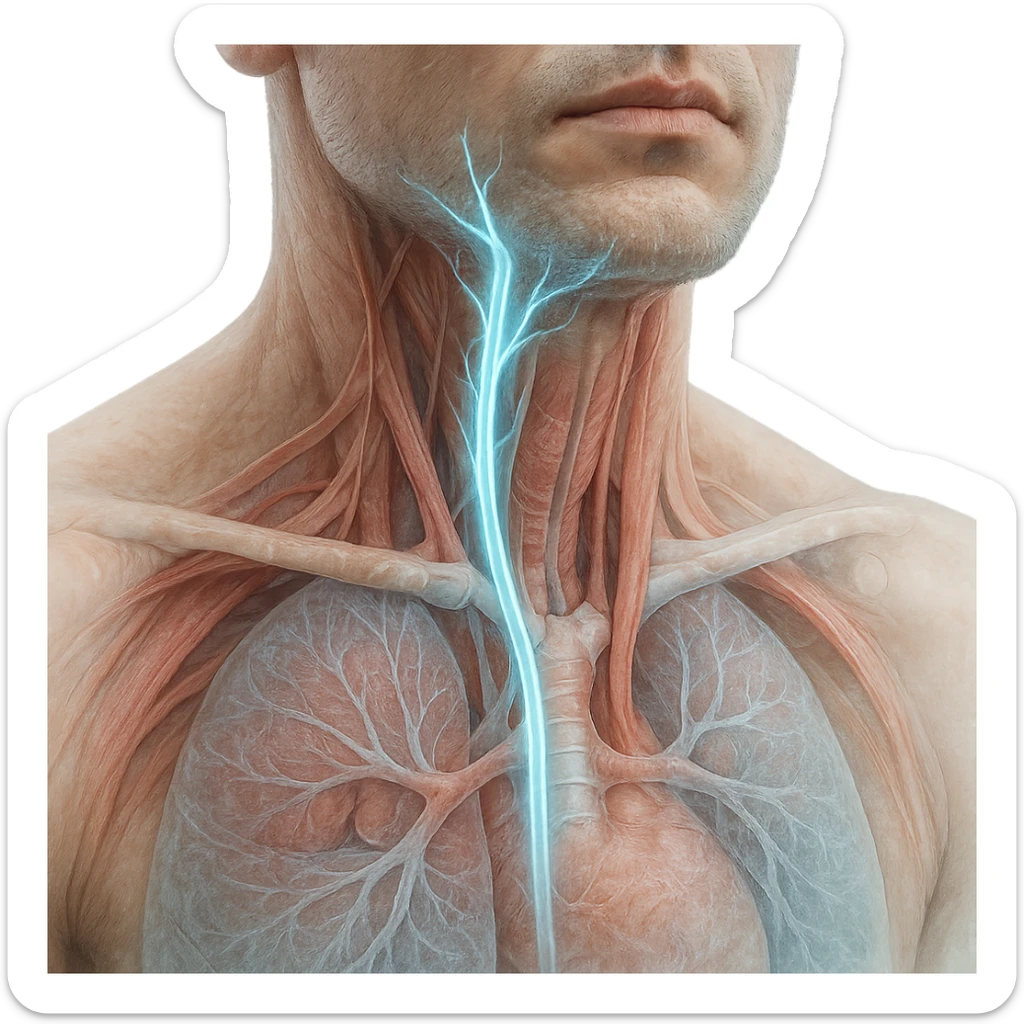 realistic close-up view of human neck and chest with highlighted vagus nerve, detailed anatomy, vagus nerve path clearly visible, ice effect with blue glow, transparency on internal organs, light background sticker