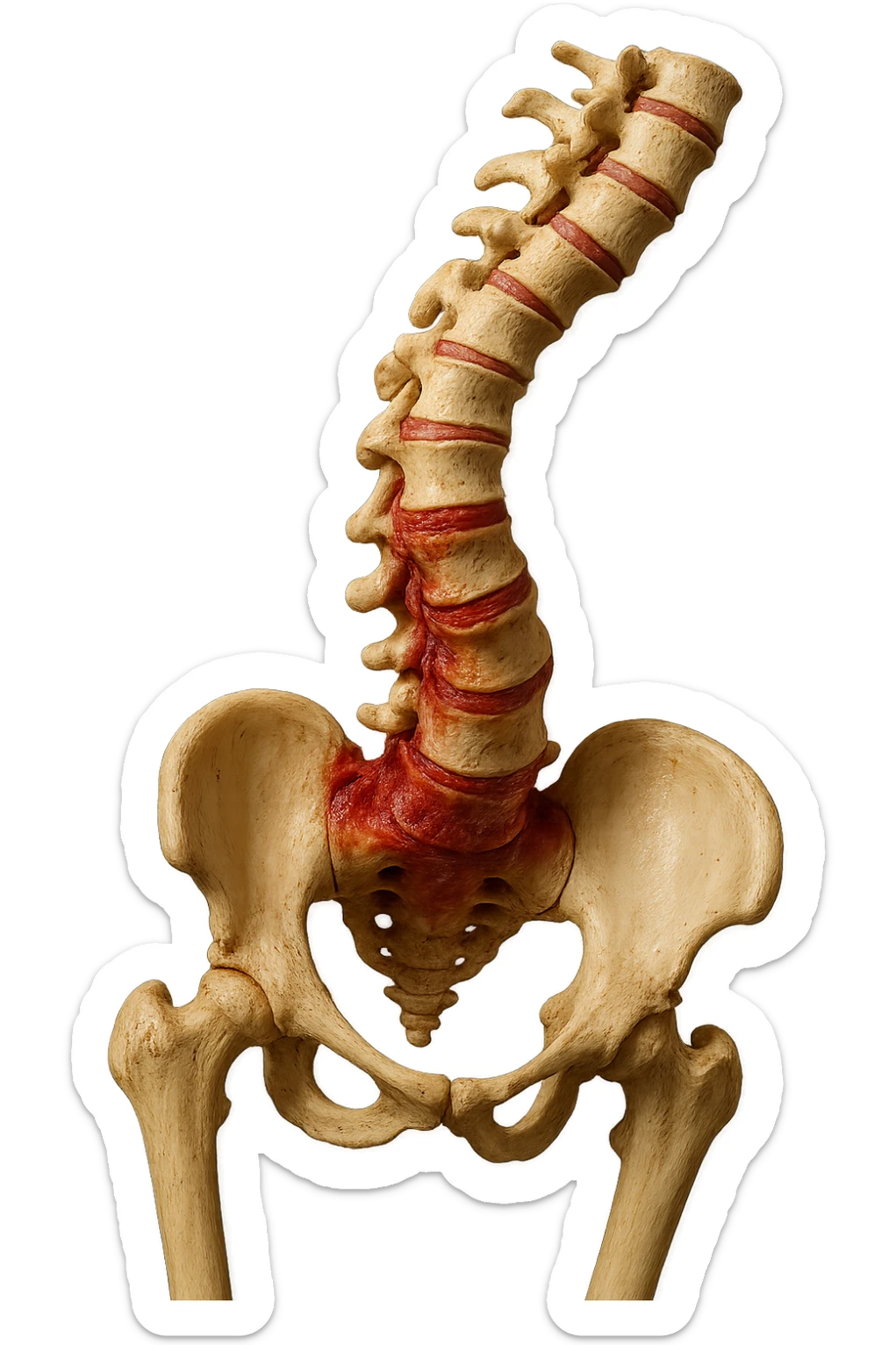 SPINA DORSALE STORTA E INFIAMMATA CON BACINO UMANO ANATOMICO REALISTICO INCLINATO, iperrealistica 4k sticker
