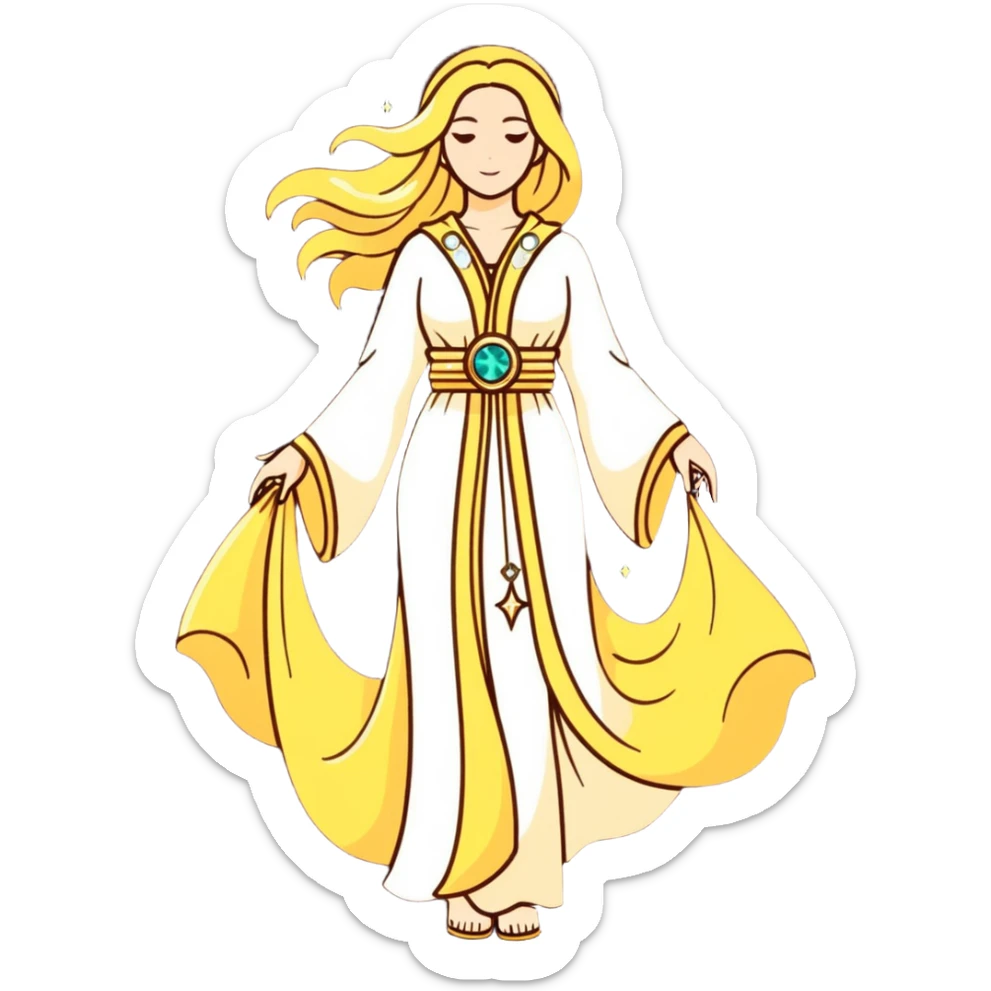 fullbody universe goddess Sophia, Ethereal Light Being, Made of starlight and fractals, Glowing white/gold skin with flowing translucent robes, Hair like galaxy mist, Jewelry made of stars and crystals sticker
