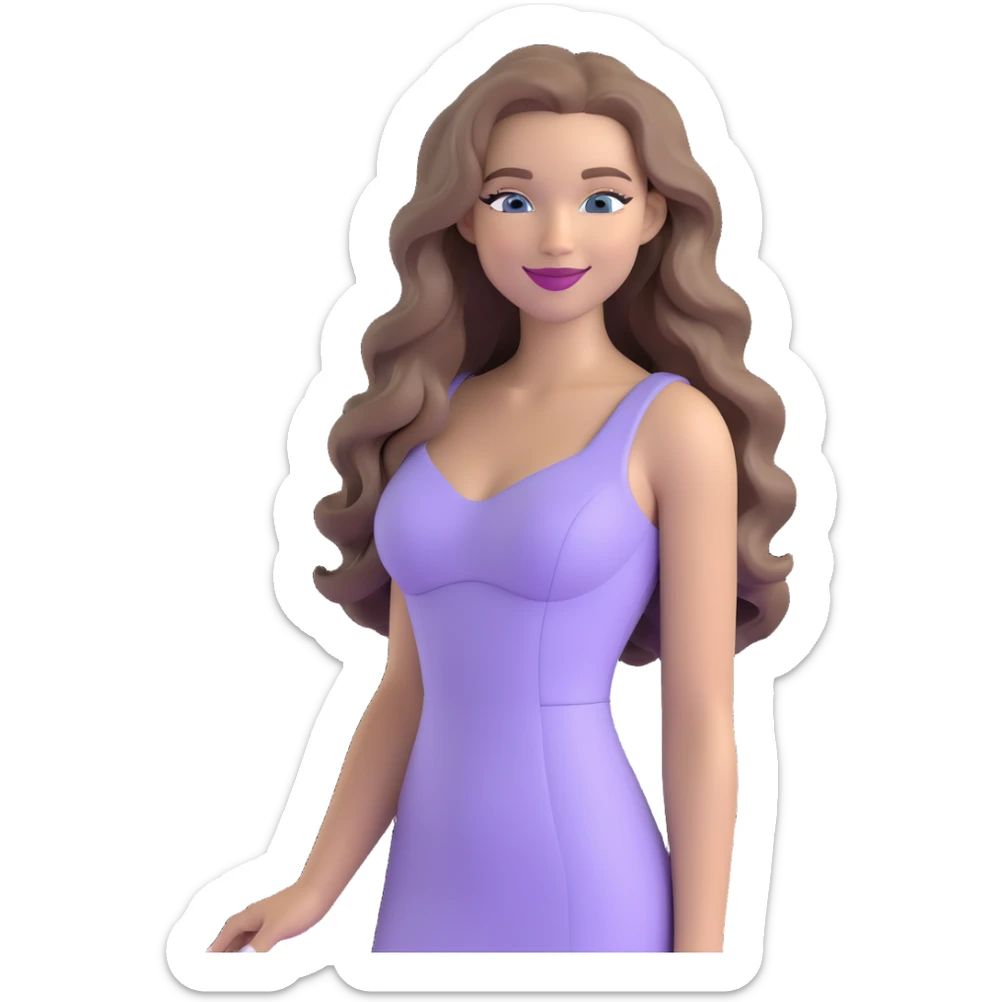 emoji of a fashionable woman with a sweet smile, long light ash brown wavy hair, blue eyes, nude lipstick, in a form-fitting lilac dress, chic energy sticker