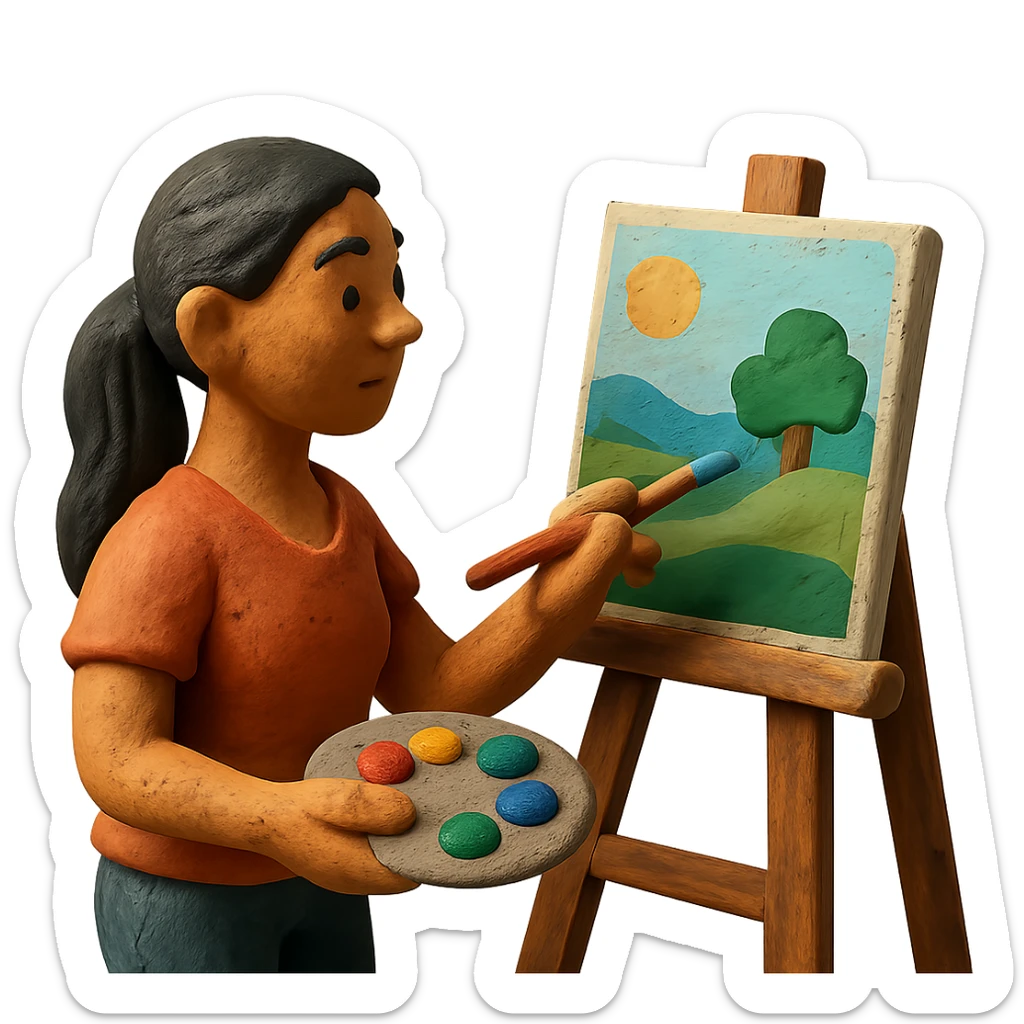 tanned woman artist with long black hair in a ponytail, painting a landscape at an easel, holding a paint palette and brush, claymation style sticker