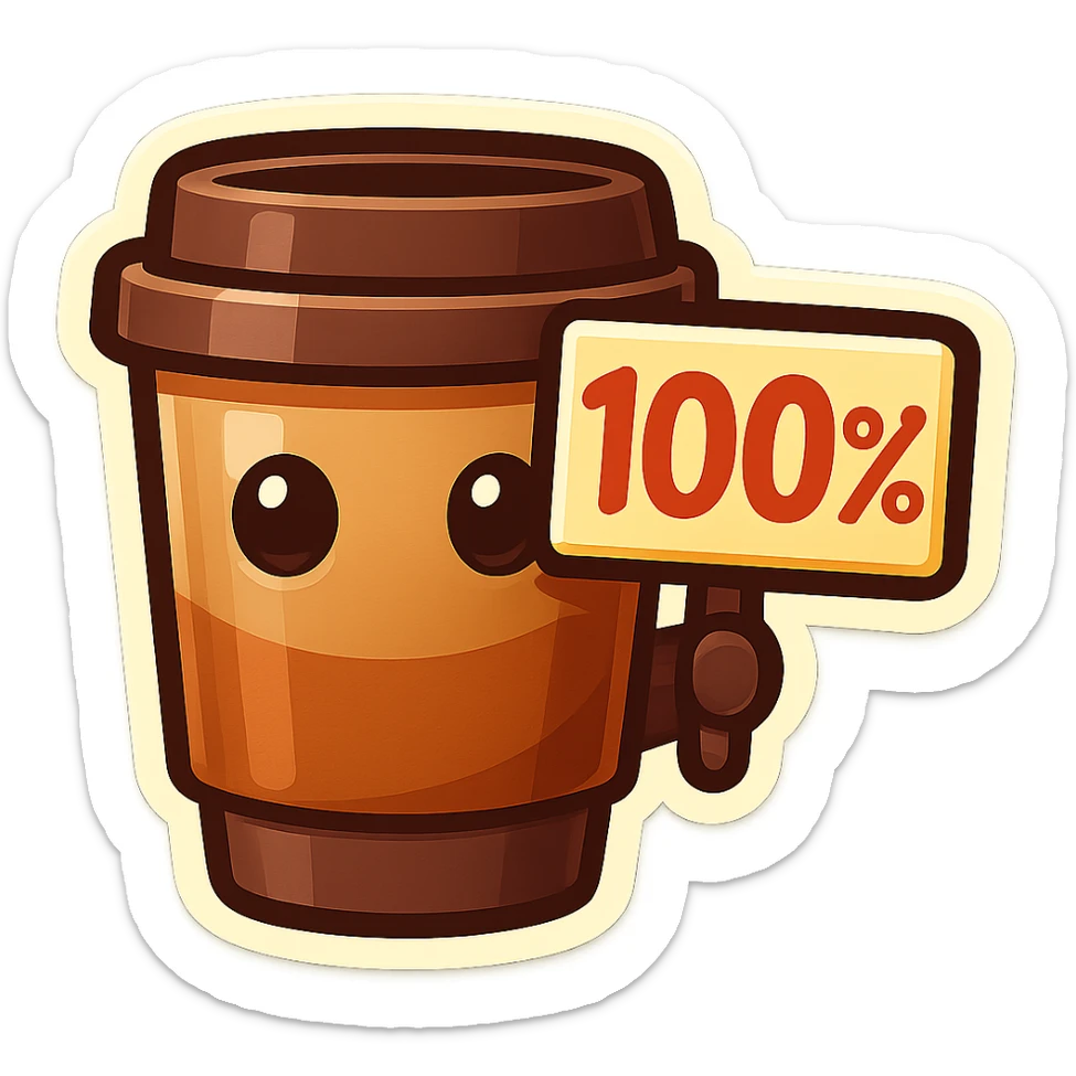 Tall coffee cup, no mouth, holding sign "100%" sticker