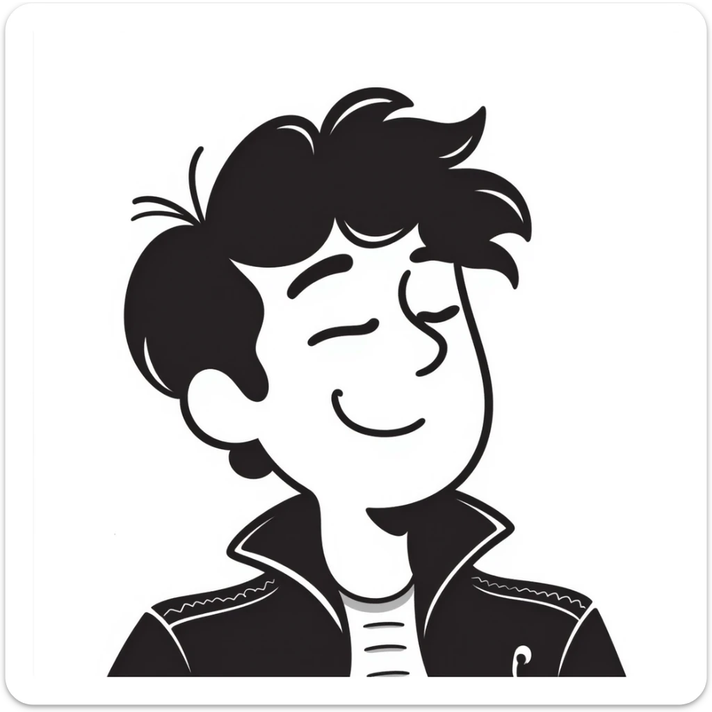 Hand-drawn portrait of a rockstar musician, face and upper body only, confident expression with half-closed eyes looking upward, knowing smirk, contemplative expression showing he's envisioning success sticker