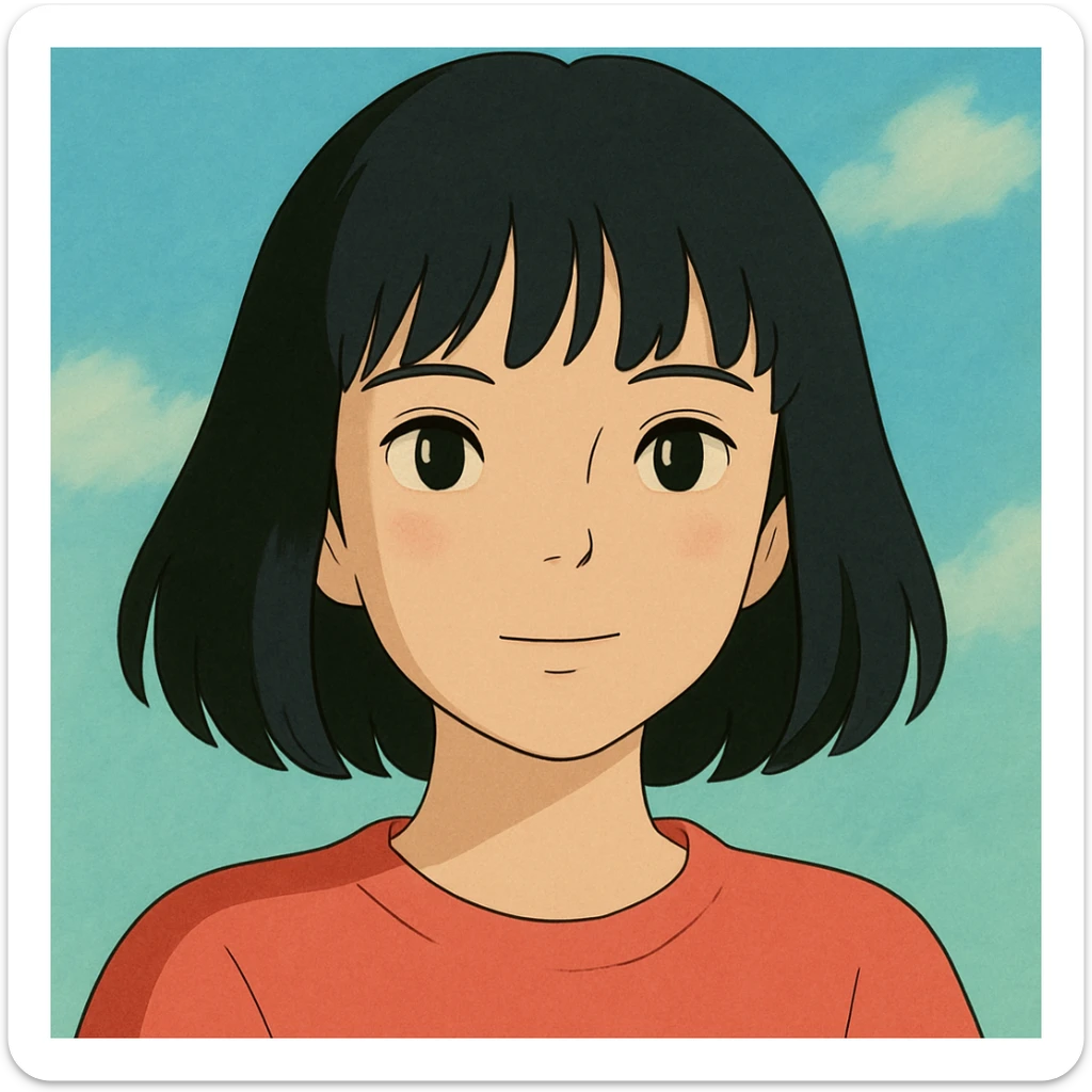 portrait of a girl with black shoulder-length hair, bangs, black almond-shaped eyes, full lips, and straight nose, in Ghibli style sticker