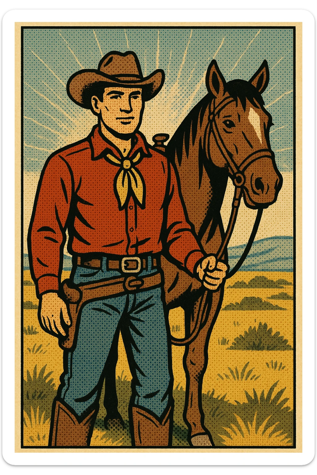 The full body of a cowboy standing next to his horse out on the Great Plains of the American West.  The cowboy is facing forward looking calm sticker