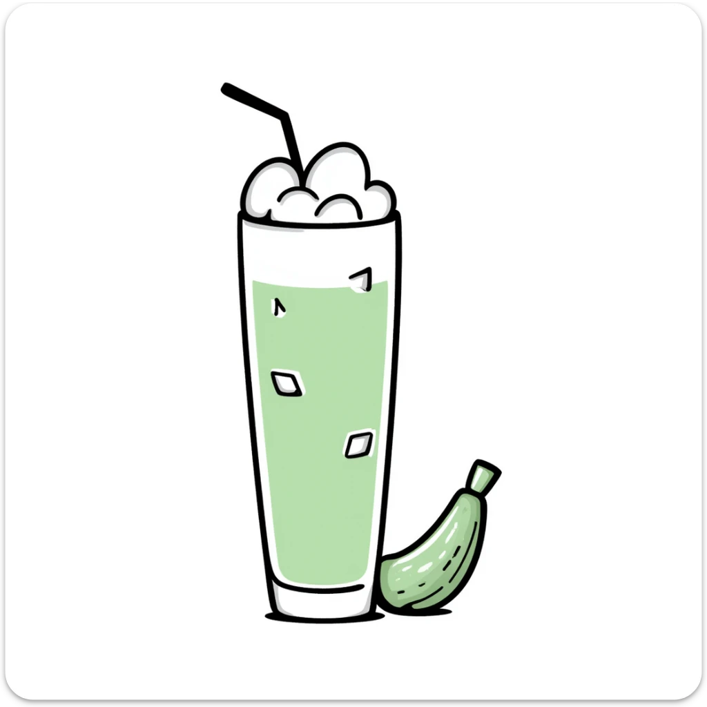 Hand-drawn glass of sugarcane juice with ice cubes, light green liquid, and a piece of sugarcane beside it sticker