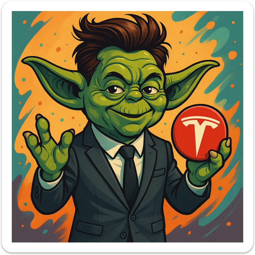 Yoda with Elon Musk's hairstyle and suit, holding a Tesla logo, playful style, Star Wars meets Silicon Valley theme sticker