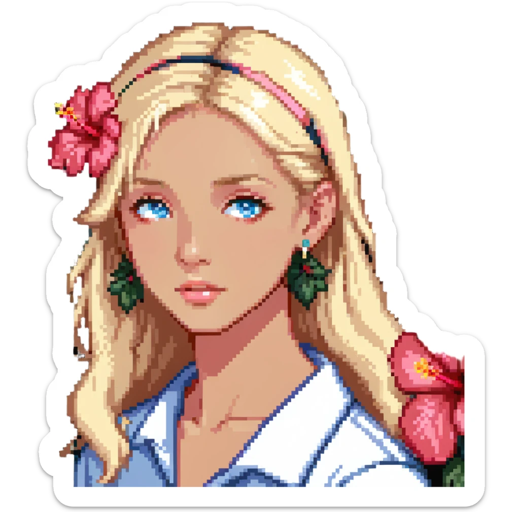 preppy coastal teen girl with blue eyes, beach blonde hair, tan skin, hibiscus flower in her ear, preppy beach outfit sticker