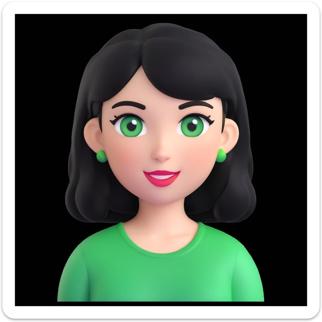 girl with black hair and green eyes, memoji style, winking, white background sticker