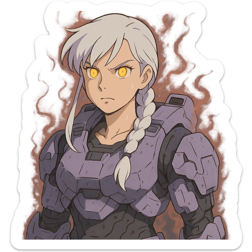 female, wearing reach spartan armor shoulder-unequip, long white braid hair with massive messy front side single bangs, gold yellow eyes, attention pose, D-cup size, HALO:series, no helmet, the armor is lavender color scheme, eyes glowing, demon eye, gleam, rage aura, body steaming sticker