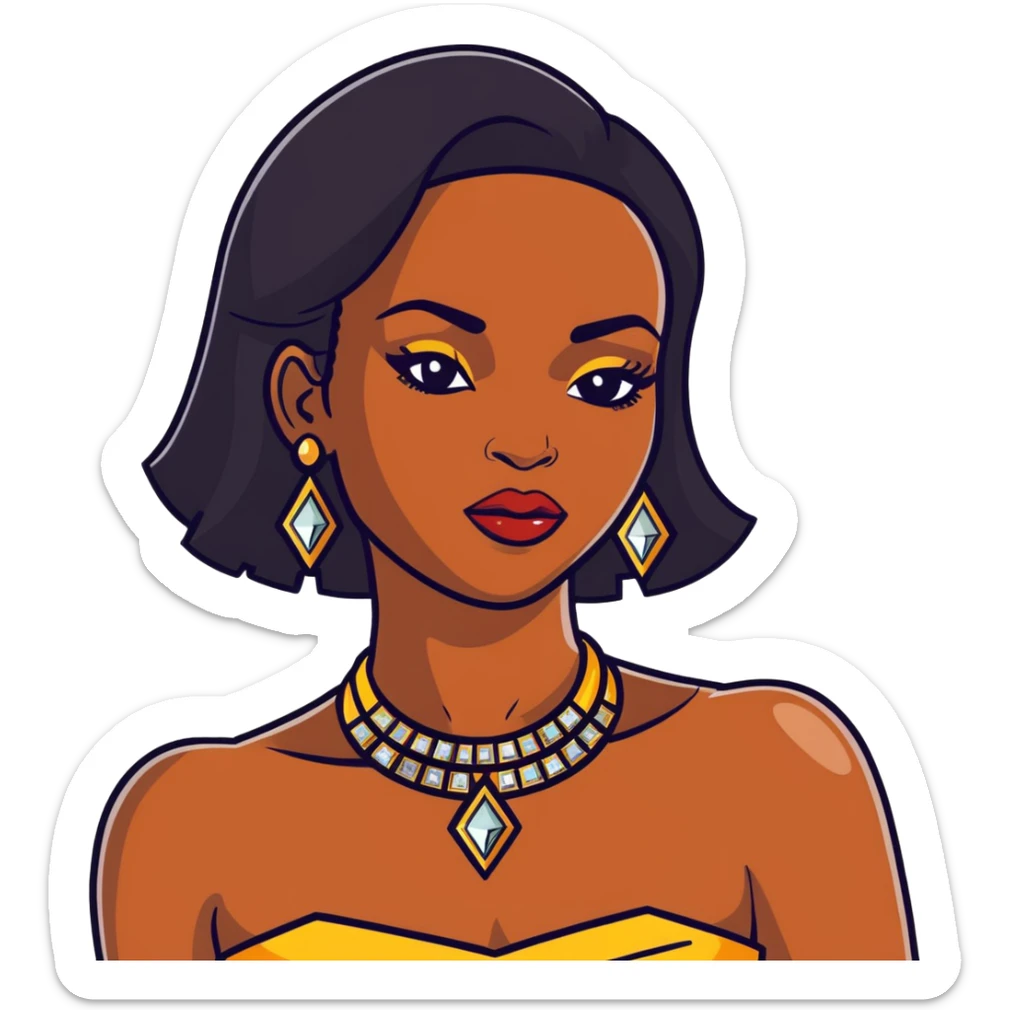 beautiful, curvy African American woman with dark brown skin, straight black hair, bold makeup, gold jewelry, diamonds, confident pose, inspired by Bratz doll sticker