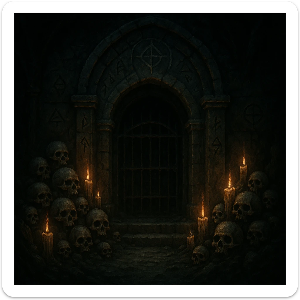 creepy banner, ancient crypt entrance, skulls, candles, mysterious symbols, dark fantasy style sticker