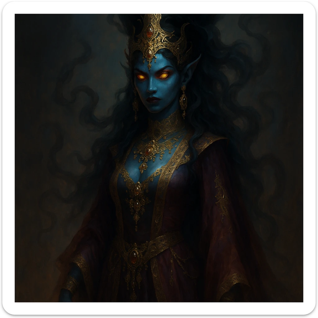 a beautiful but evil jinn queen, elegant, mystical, with an aura of power and menace, intricate jewelry, flowing robes, glowing eyes, fantasy style sticker