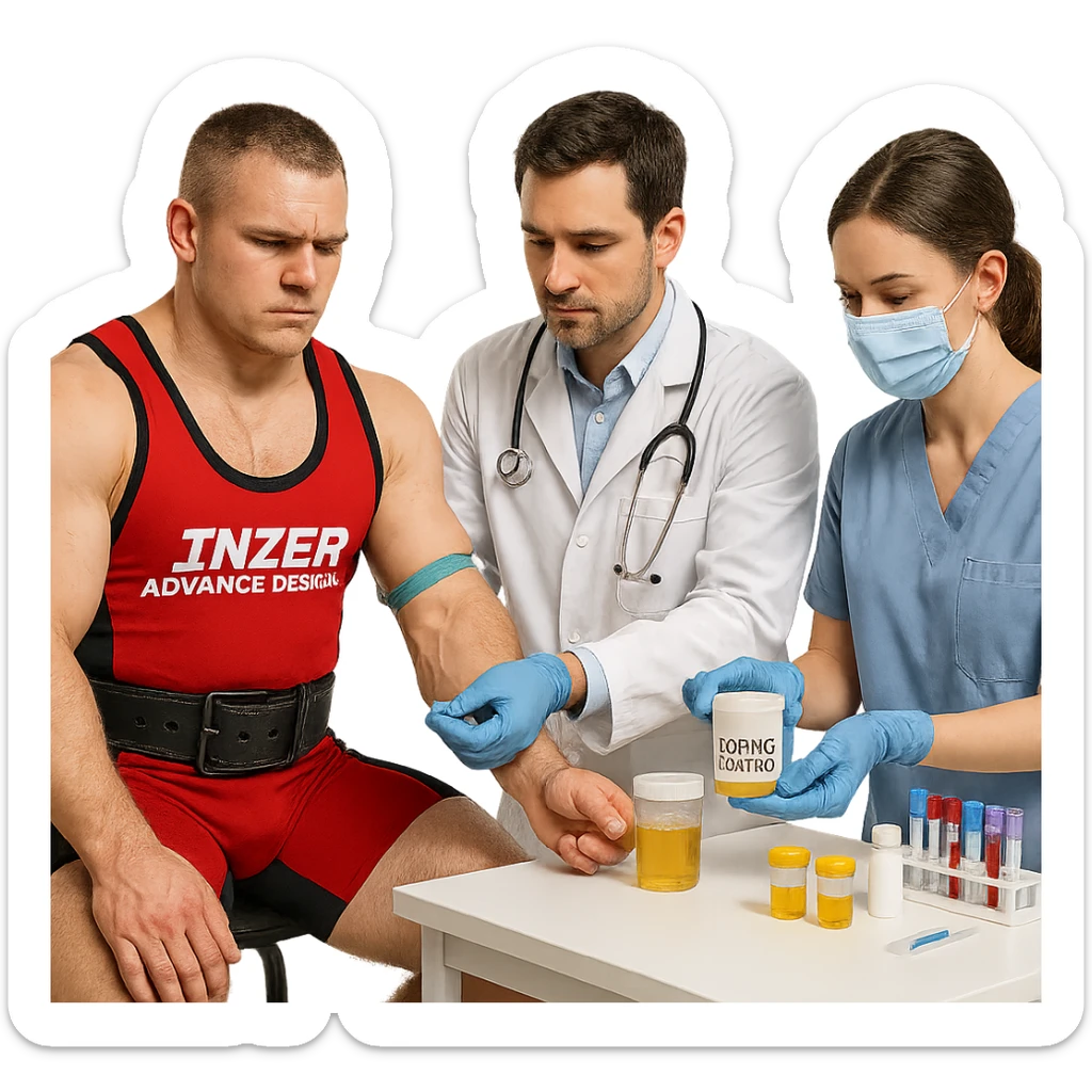 European powerlifter in federal competition, wearing competition clothing, undergoing anti-doping controls, medical staff present, realistic atmosphere, laboratory details, isolated on white background sticker