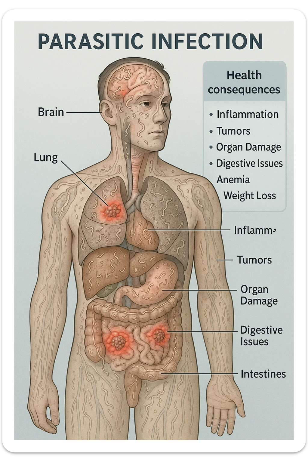 a semi-transparent view of a man’s body reveals numerous parasitic organisms inside his organs and tissues. Some areas are highlighted with red or inflamed zones, and small tumor-like masses are visible where the parasites cluster. The background is clinical and educational, with labels pointing to affected organs and a sidebar showing the health consequences. sticker
