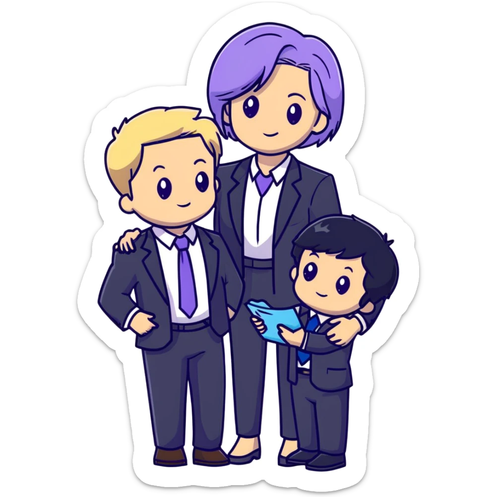 The Parr family from Incredibles in civilian clothes - Bob in business suit, Helen in casual clothes, Violet teen with black hair, Dash blonde boy, baby Jack-Jack sticker