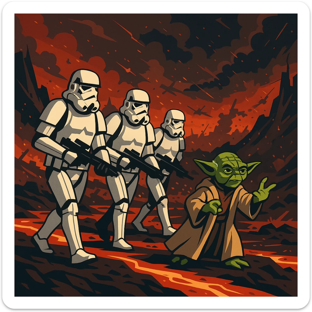 vector art of a Starwars stormtroopers is walking on lava planet with yoda, battleground background

 sticker