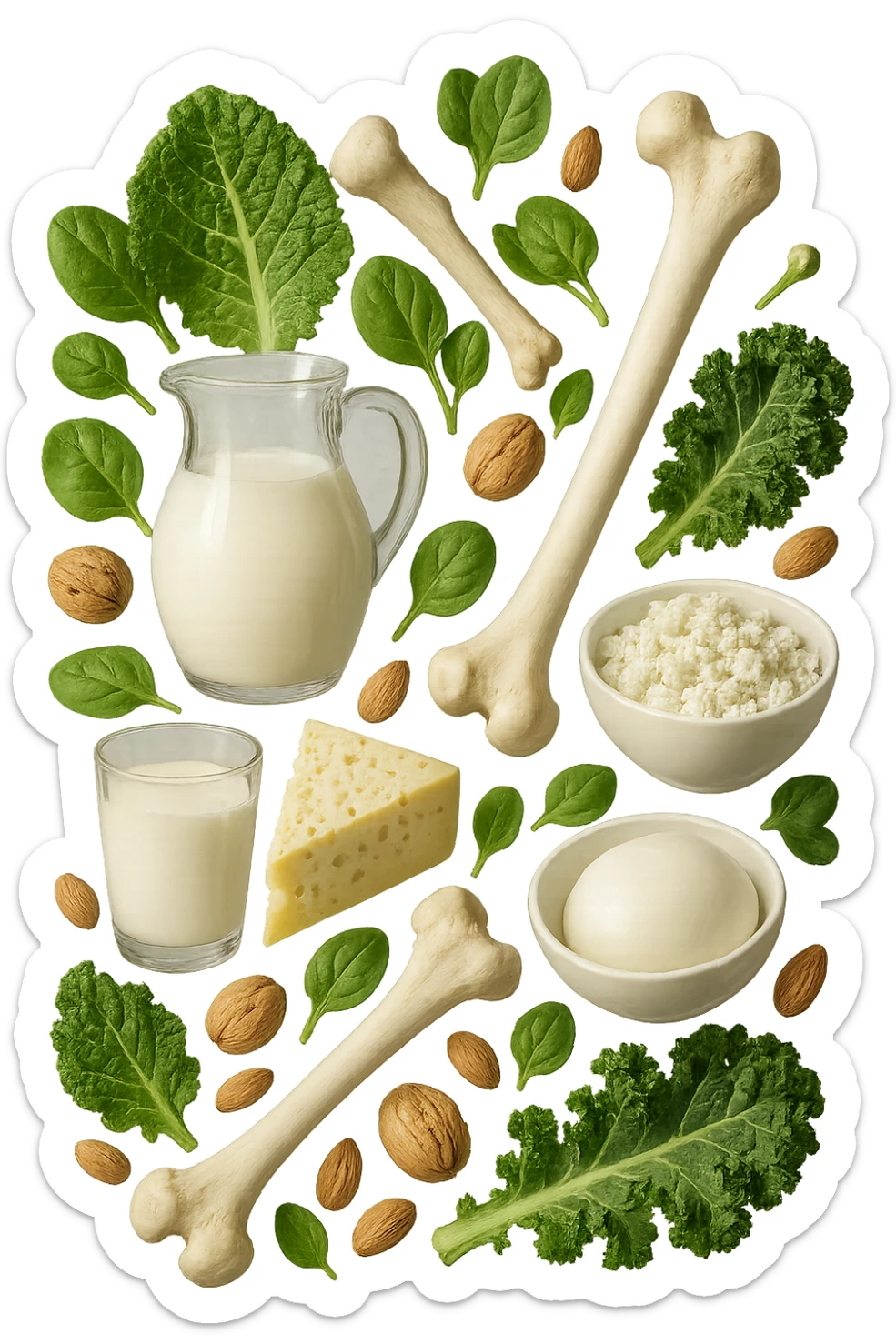 latticini, verdure a foglia verde, frutta secca fluttuano in aria insieme ad ossi umani realistici, iperrealistici 4k sticker