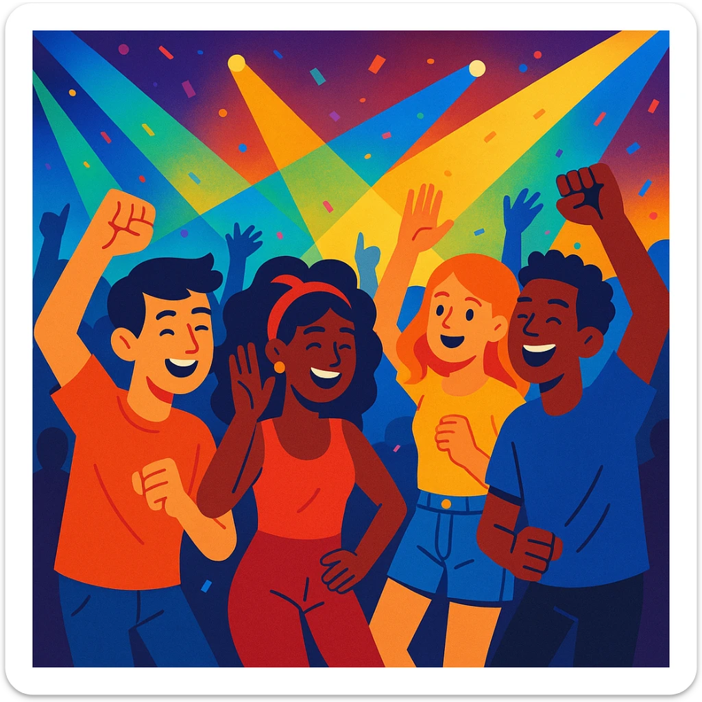 group of friends dancing at a music concert, colorful lights, lively atmosphere sticker