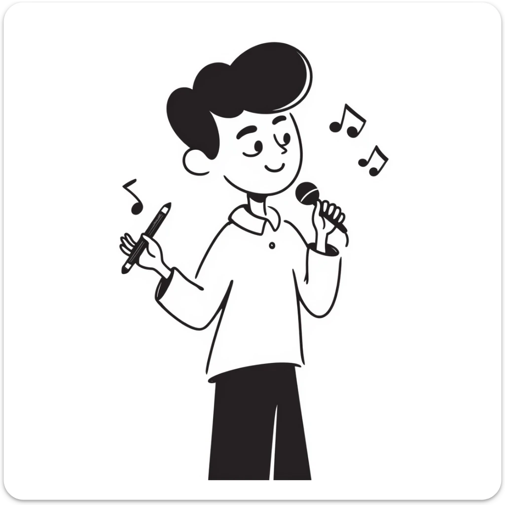 excited happy musician smiling, holding a microphone in one hand and a pencil in the other hand sticker