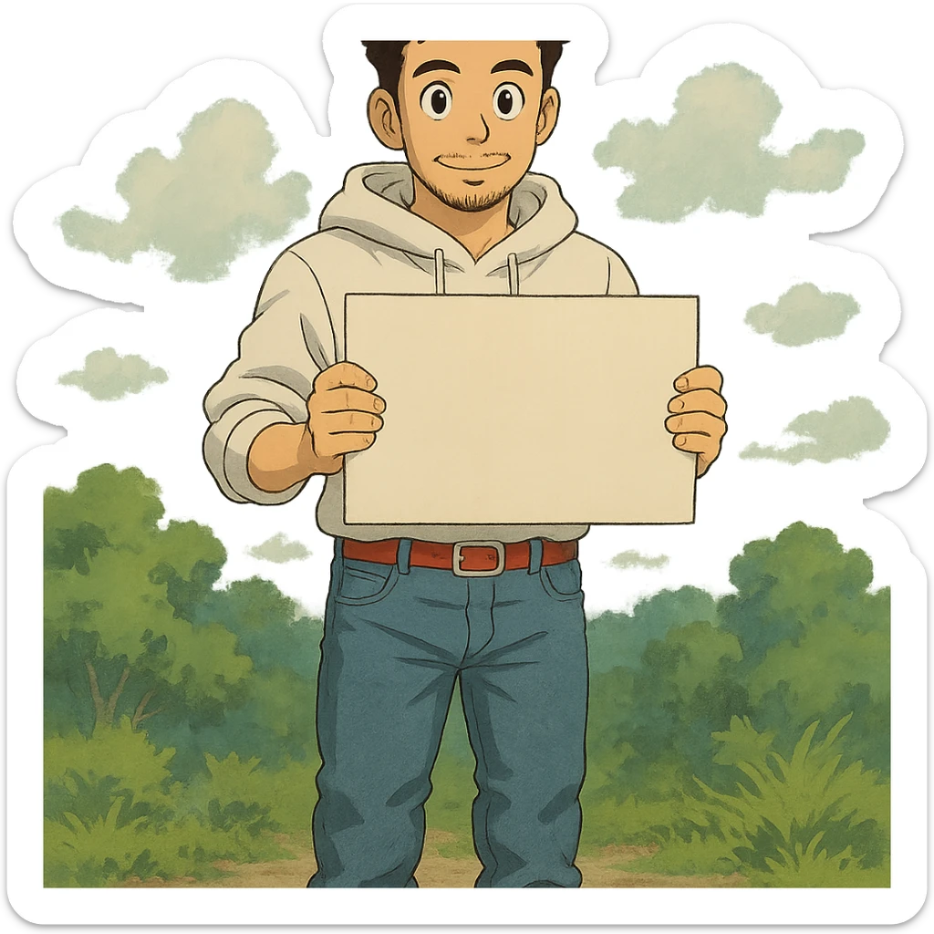 1 male, mid fade haircut dark chestnut brown curly hair, toasted lightskin, white hoodie sleeves up, fashion jeans, red fashion-sneakers shoes, red belt, short trimmed beard and goatee,  style of deku from "my hero academia", pose: holding a blank poster chest level sticker