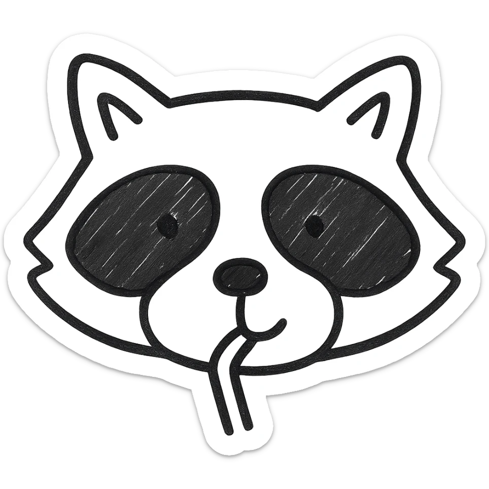 Show only the raccoon's face drinking through a straw in hand drawn black outline style, with no background, focusing on clear black outlines and hand drawn style. sticker